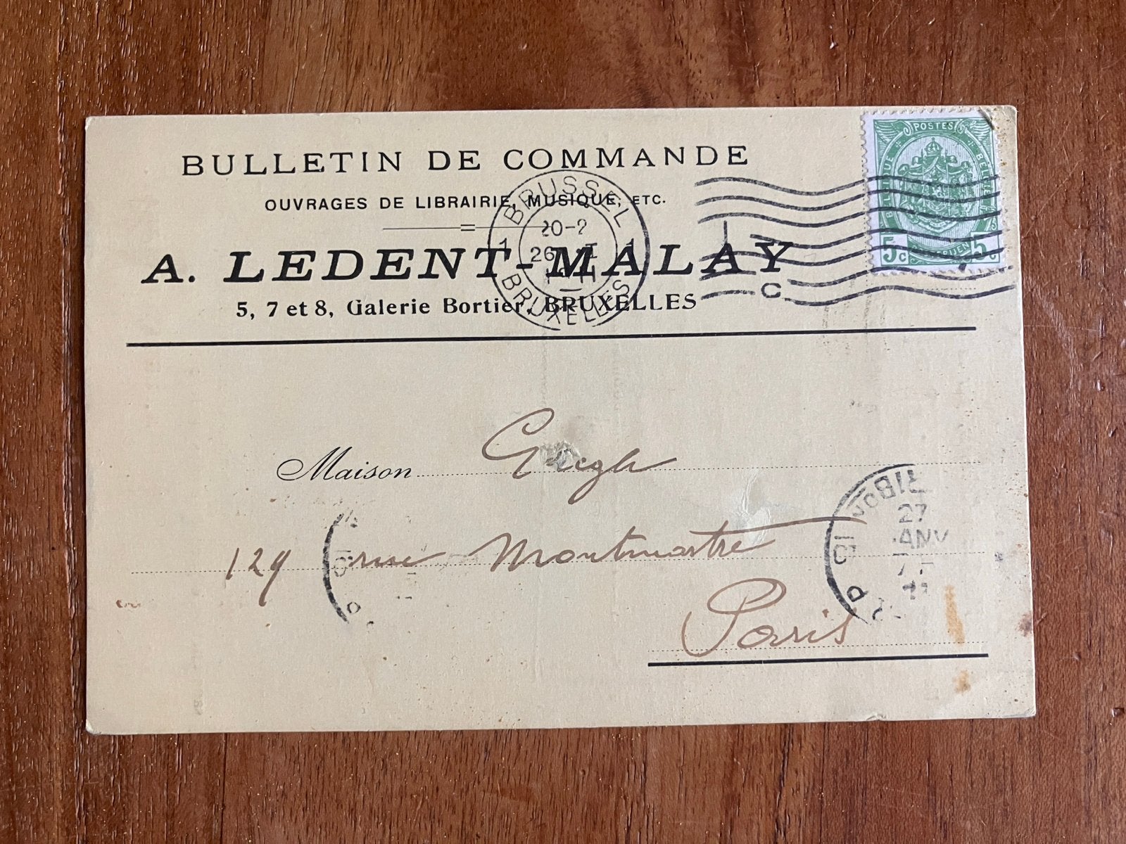 Oude bestelbon A. Ledent-Malay Brussel - Parijs 1914, Postzegels en Munten, Ophalen of Verzenden, Briefkaart