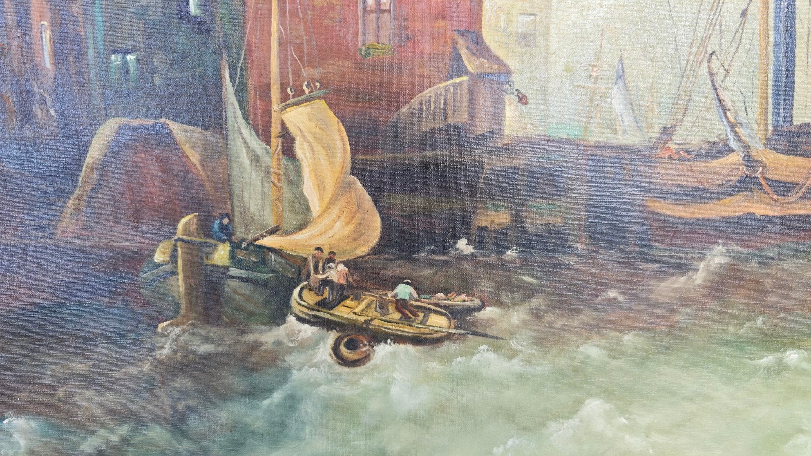 Groot schilderij 'Oude Haven' gesigneerd Bertens, Antiek en Kunst, Ophalen, Maritiem / water, Doek, Realistisch