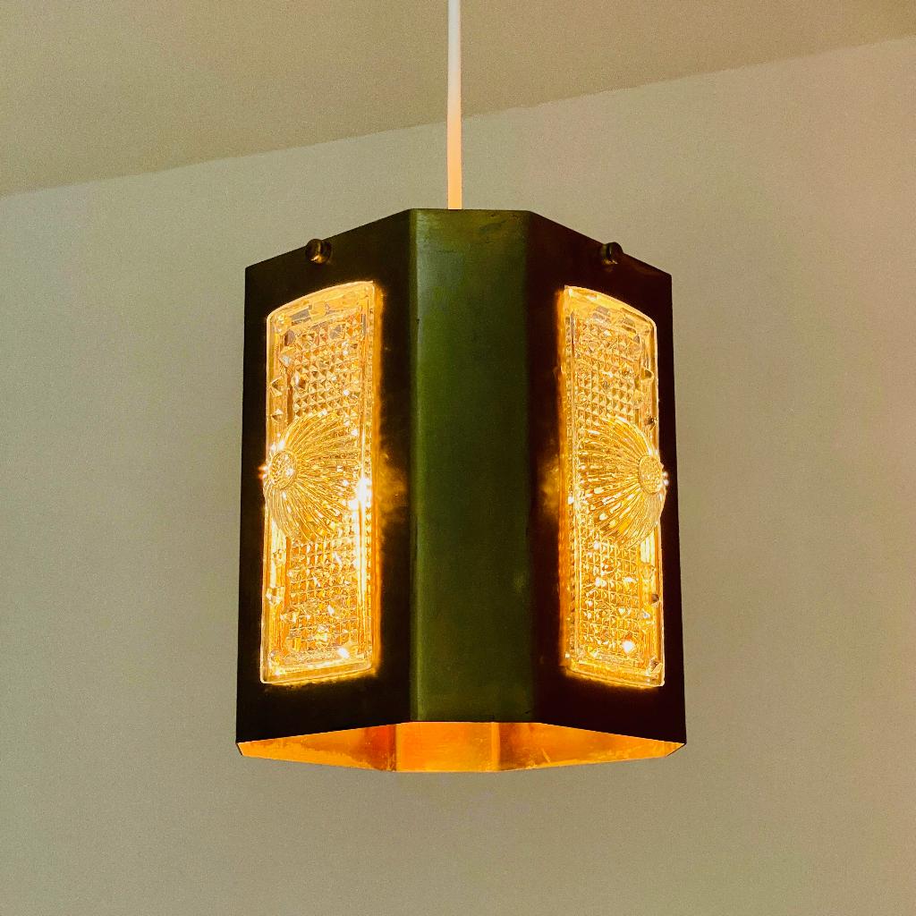 vintage design messing LAMP Scandinavië Orrefors Brutalist, Gebruikt, Ophalen of Verzenden, Glas, Minder dan 50 cm