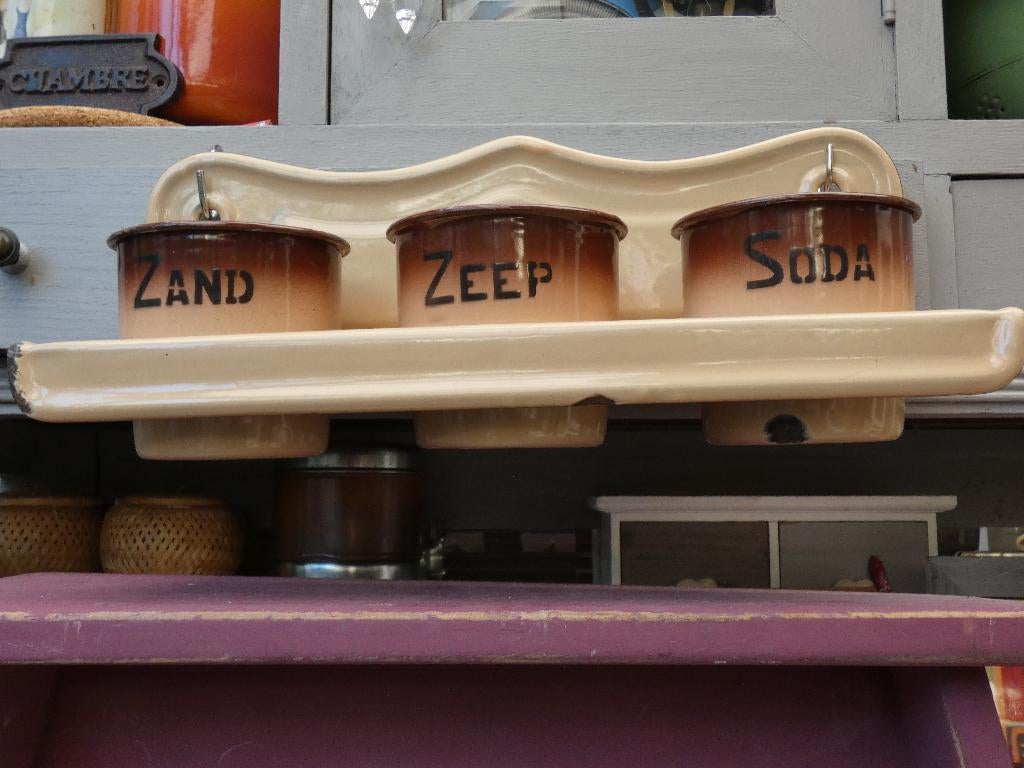 oud emaille keukenrek/ zand zeep soda bruin-beige email, Ophalen of Verzenden