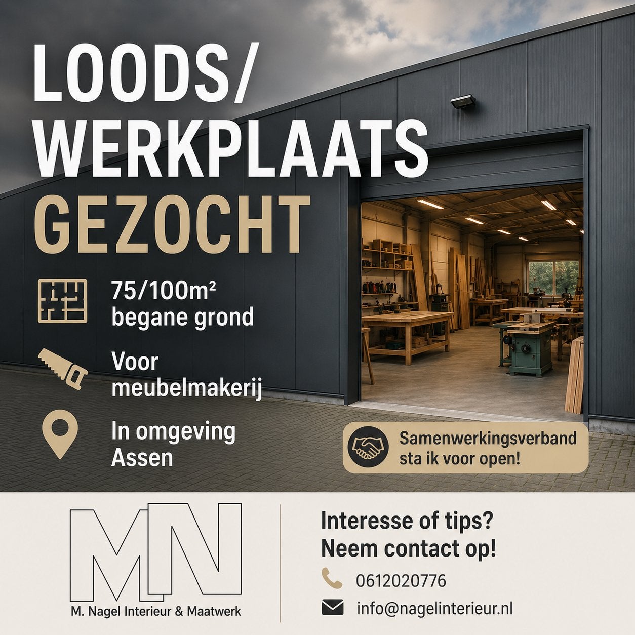 Gezocht loods/werkplaats, Zakelijke goederen, Bedrijfs Onroerend goed, 100 m², Huur, Bedrijfsruimte