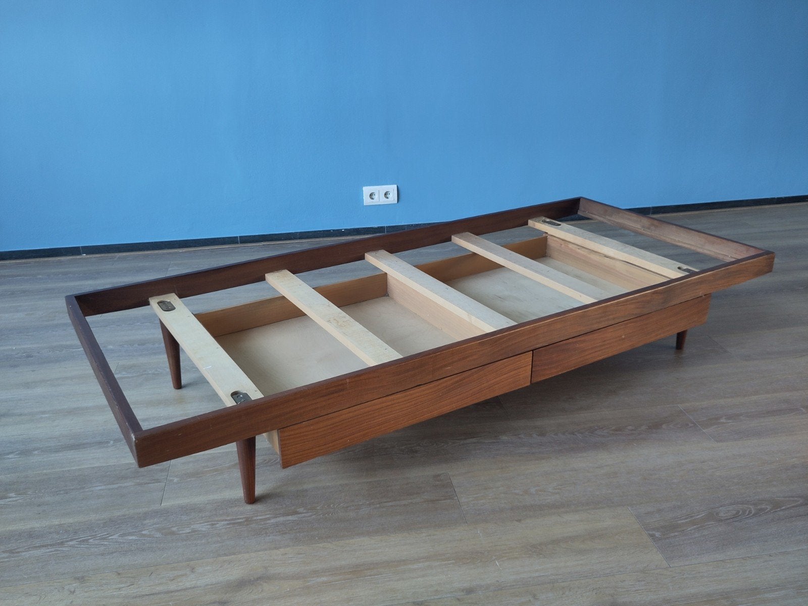 Vintage daybed teak hout bed sofa bed bankje met lades, Gebruikt, Eenpersoons, Bruin, .