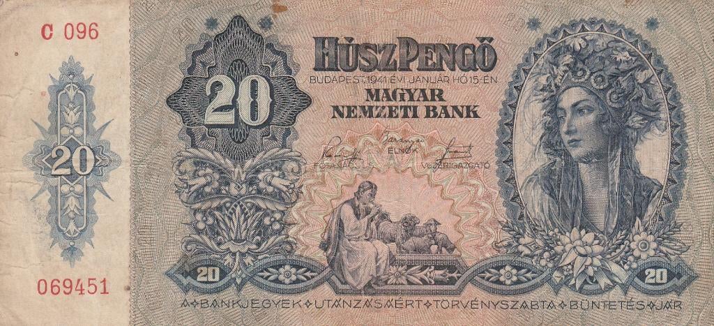20 PENGO BUDAPEST MAGYAR BANK  1941, Ophalen of Verzenden, Hongarije, Los biljet