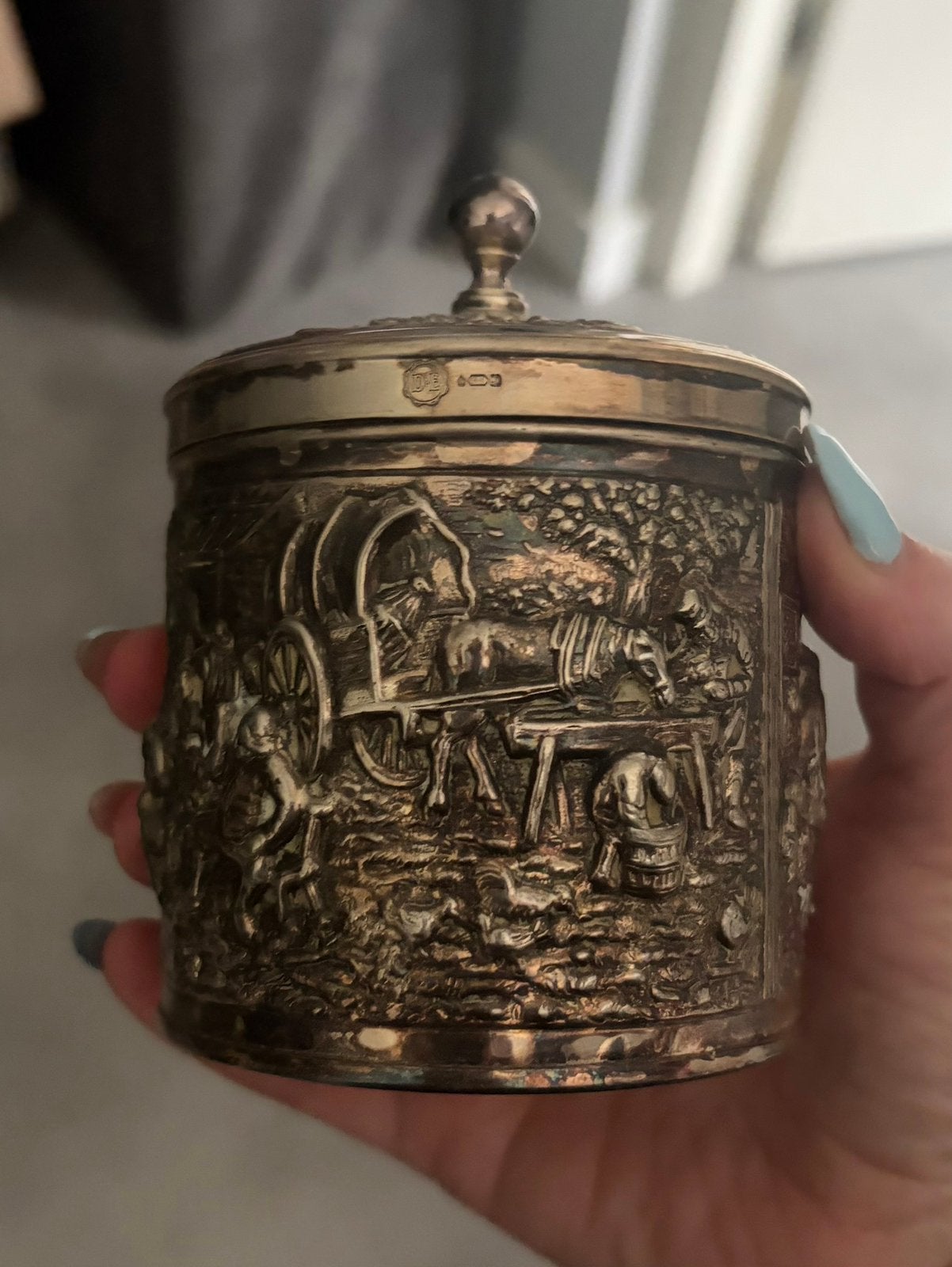 Verzilverd theebusje H. Hooijkaas Douwe Egberts jaren 60, Antiek en Kunst, Ophalen of Verzenden, Zilver