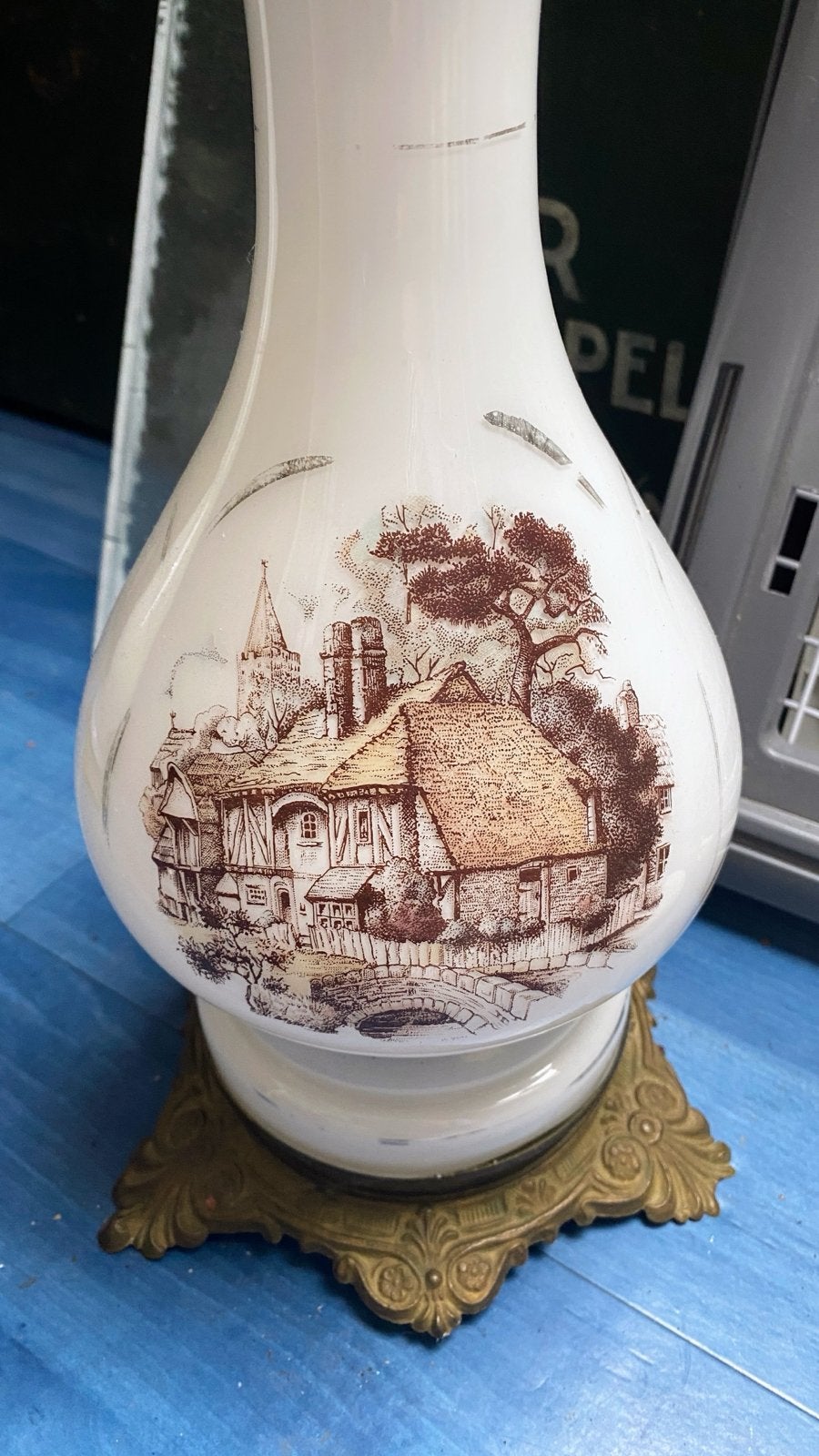 Vintage olielamp met landschap decoratie, Ophalen