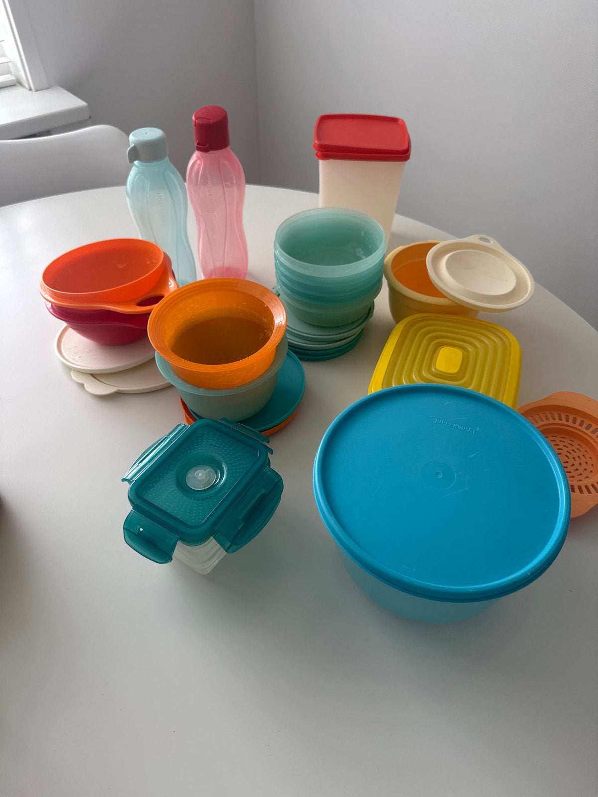 Tupperware set: flessen, kommen, bakjes en meer, BPA-vrij, Gebruikt, Blauw, Ophalen of Verzenden