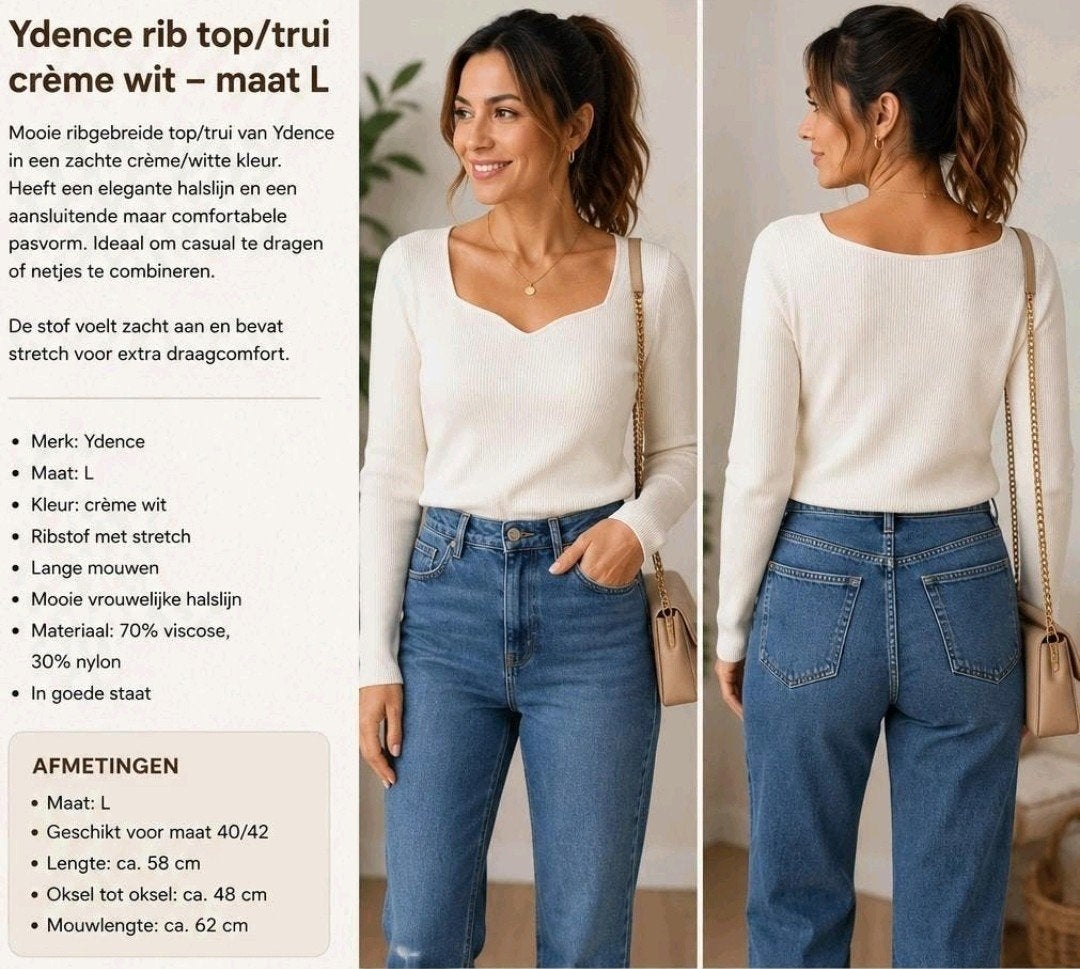 Ydence rib top/trui crème wit - maat L, Kleding | Dames, Wit, Maat 42/44 (L), Zo goed als nieuw, Ydence