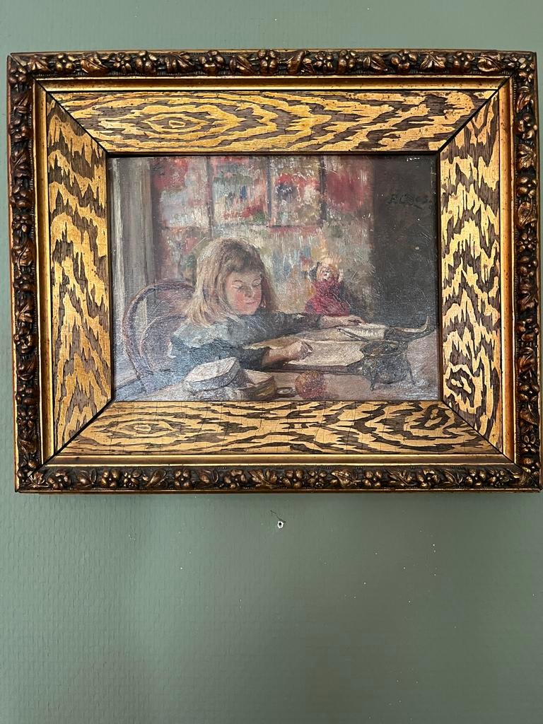 Olieverfschilderij van P. Claes: Lezend Meisje, Antiek en Kunst, Verzenden