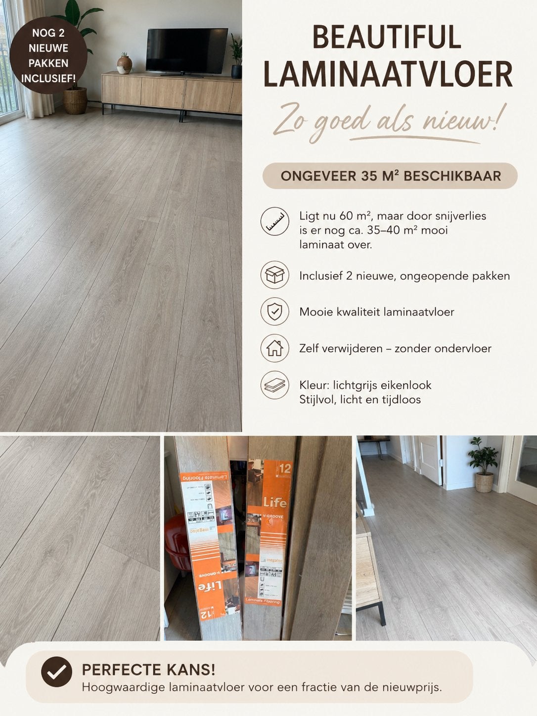 Mooie laminaatvloer - lichtgrijs eikenlook - 40 m², Huis en Inrichting, Stoffering | Vloerbedekking, Ophalen, Zo goed als nieuw