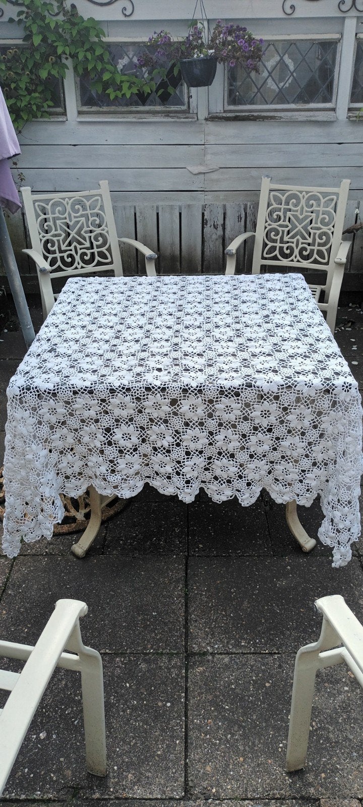 Vintage / Brocante gehaakte SPREI wit katoen 200 x 190 cm, Antiek en Kunst, Ophalen of Verzenden