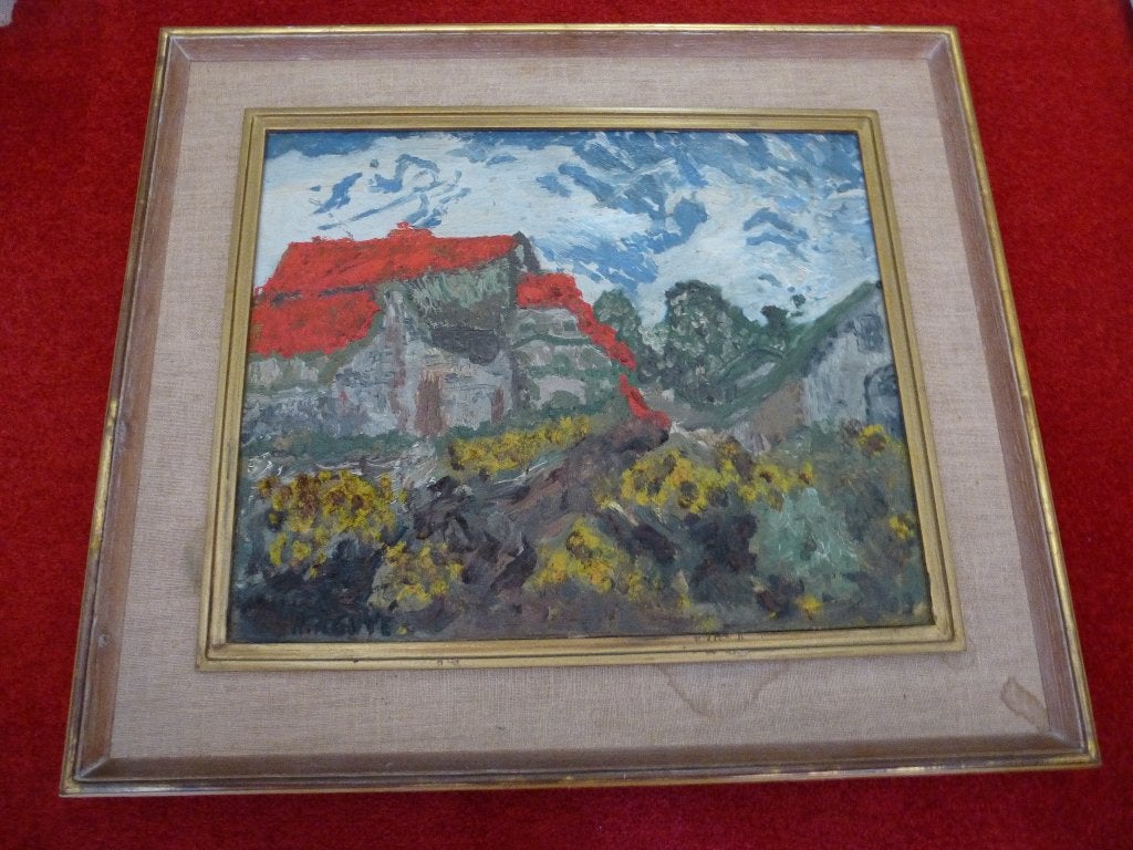 Antiek schilderij "Boerderij met veld Zonnebloemen", Ophalen, Doek, Impressionistisch, Landschap