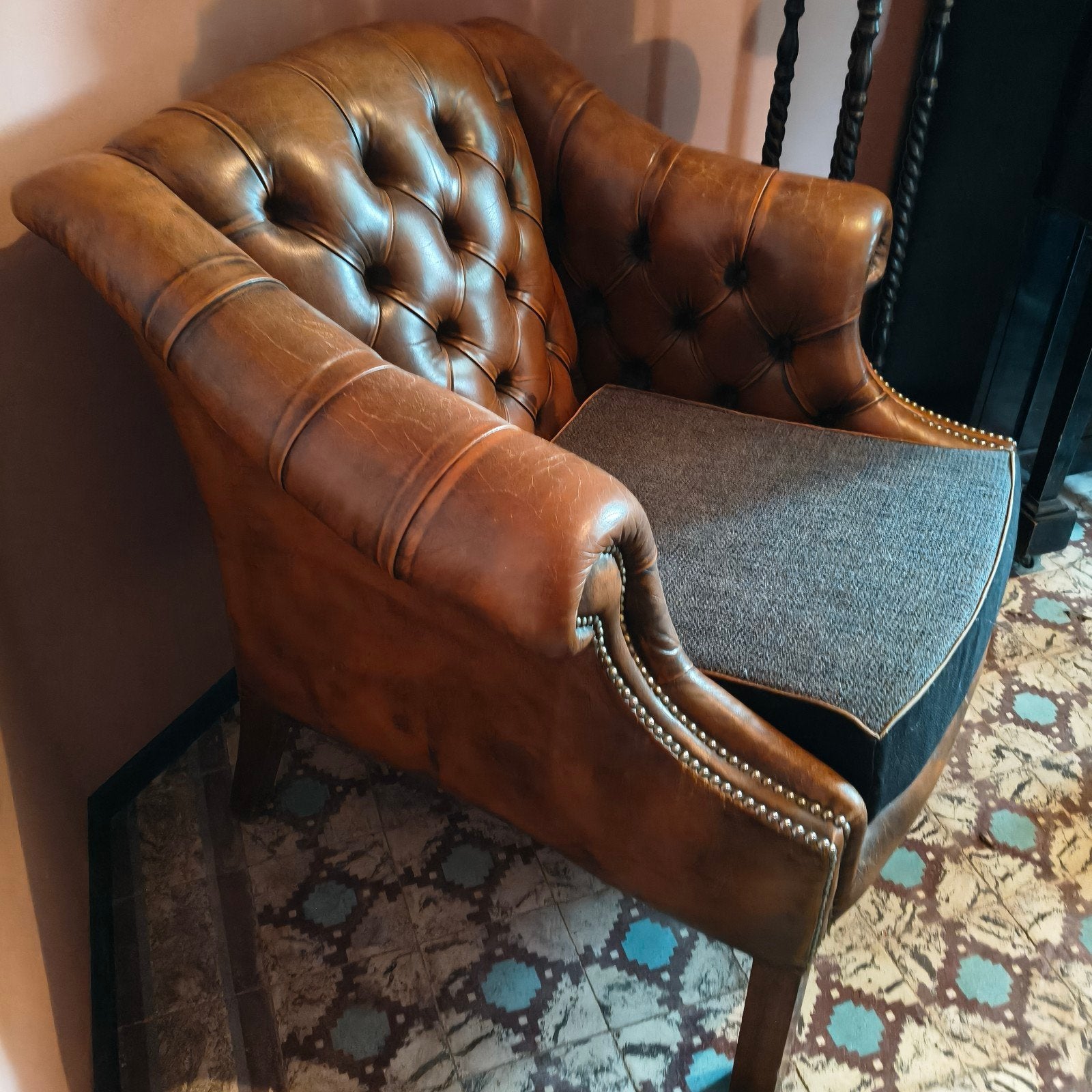 Schapen lederen Chesterfield fauteuil, Ophalen