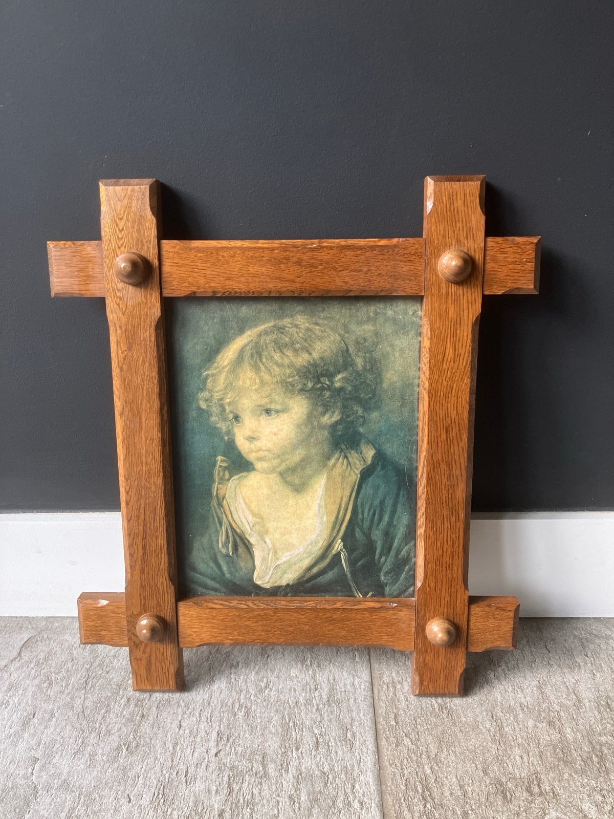 Vintage Prent 'Blonde Jongen' J.B. Greuze in Eiken Lijst, Antiek en Kunst, Portret of Personen, Bijzondere lijst, Ophalen of Verzenden