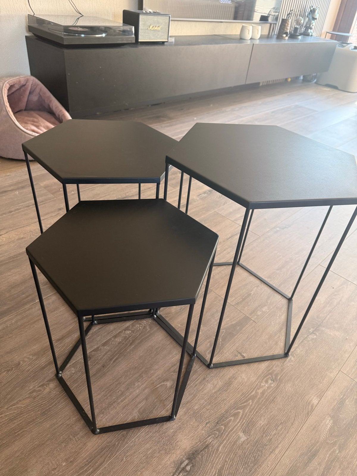 Hexagon salontafel/bijzettafel set 3st zwart, Minder dan 55 cm, Metaal of Aluminium, Zo goed als nieuw, Overige vormen