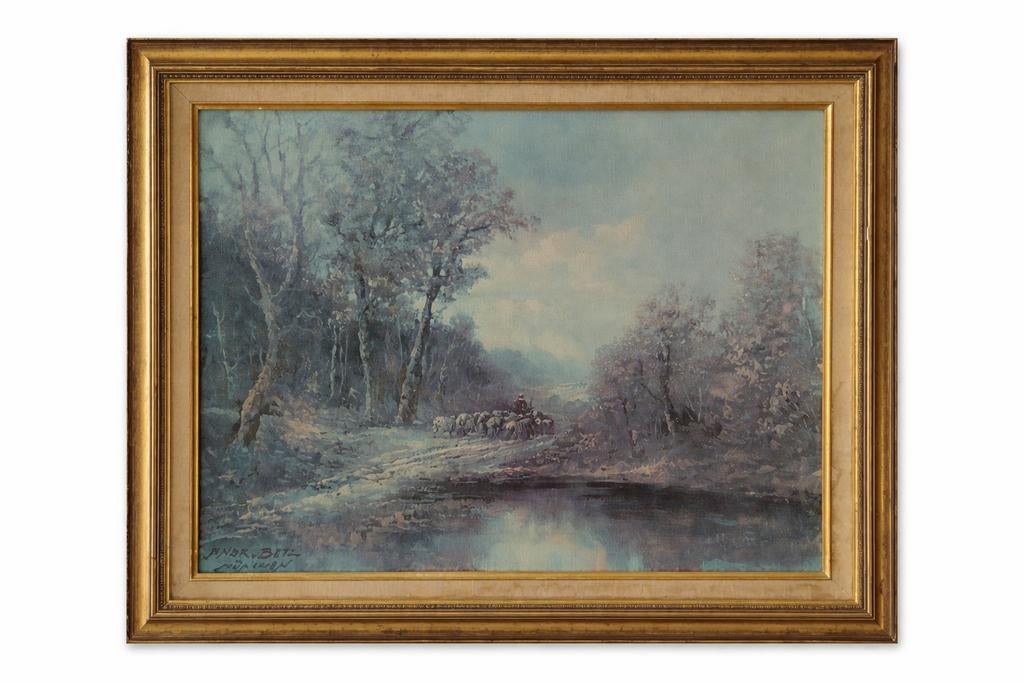 Schilderij van Andreas Betz met winterlandschap en schapen, Antiek en Kunst, Kunst | Schilderijen | Klassiek, Ophalen