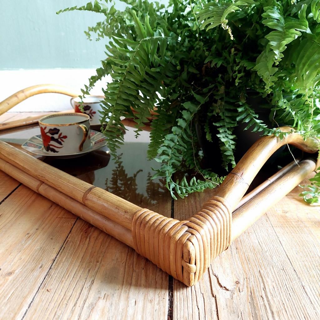 Lucky Vintage groot Vintage bamboe dienblad met rookglas, Ophalen, Gebruikt, ., .