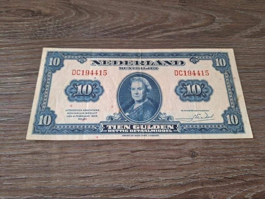 Mooi biljet 10 gulden 1943, muntbiljet Wilhelmina, Ophalen of Verzenden, 10 gulden