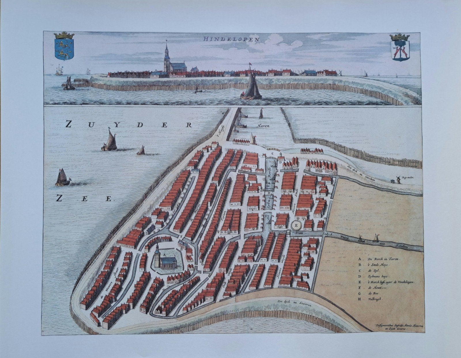 Kleurenreproductie 17e eeuwse stadsplattegrond Hindeloopen, Boeken, Ophalen, Zo goed als nieuw, Nederland, Landkaart
