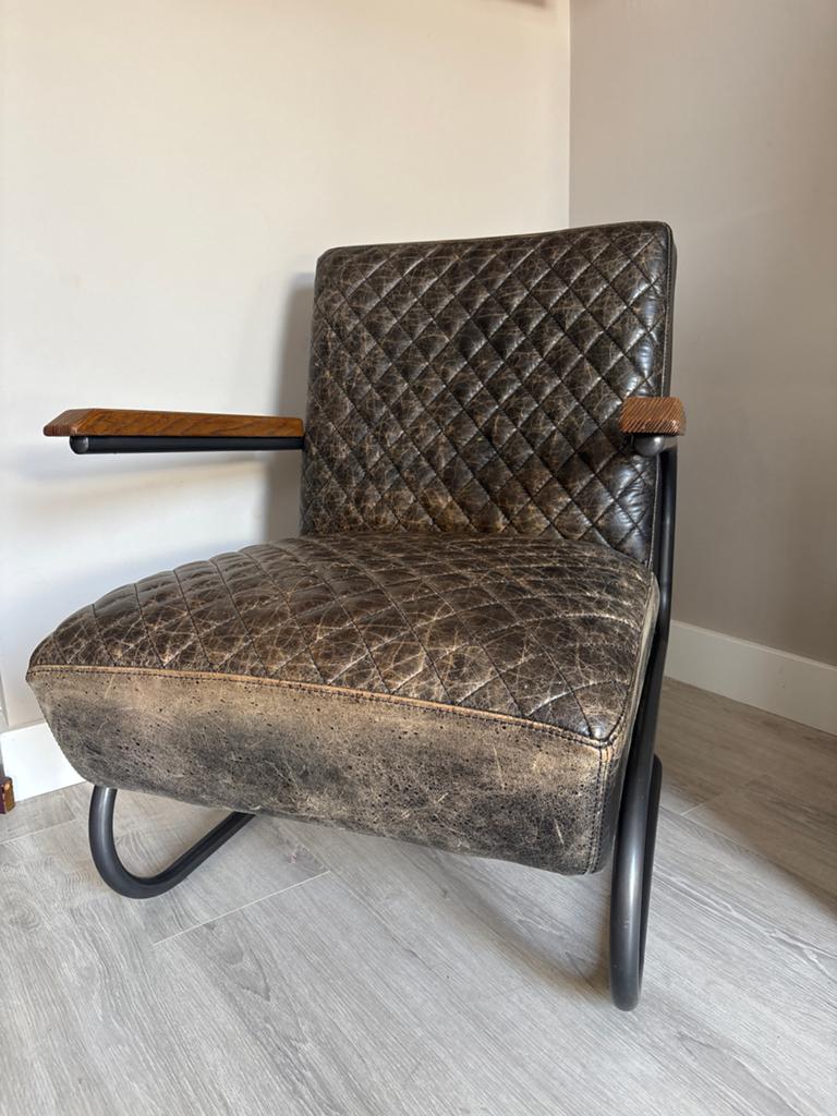 Industriële fauteuil - Loods5 - Leer en Metaal, Ophalen, Gebruikt, Bruin, Leer