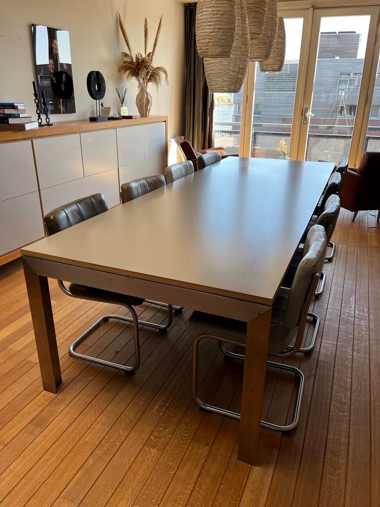 Design eettafel /bureau, rvs stalen frame grijs houten blad, Ophalen, 100 tot 150 cm, Design, 200 cm of meer