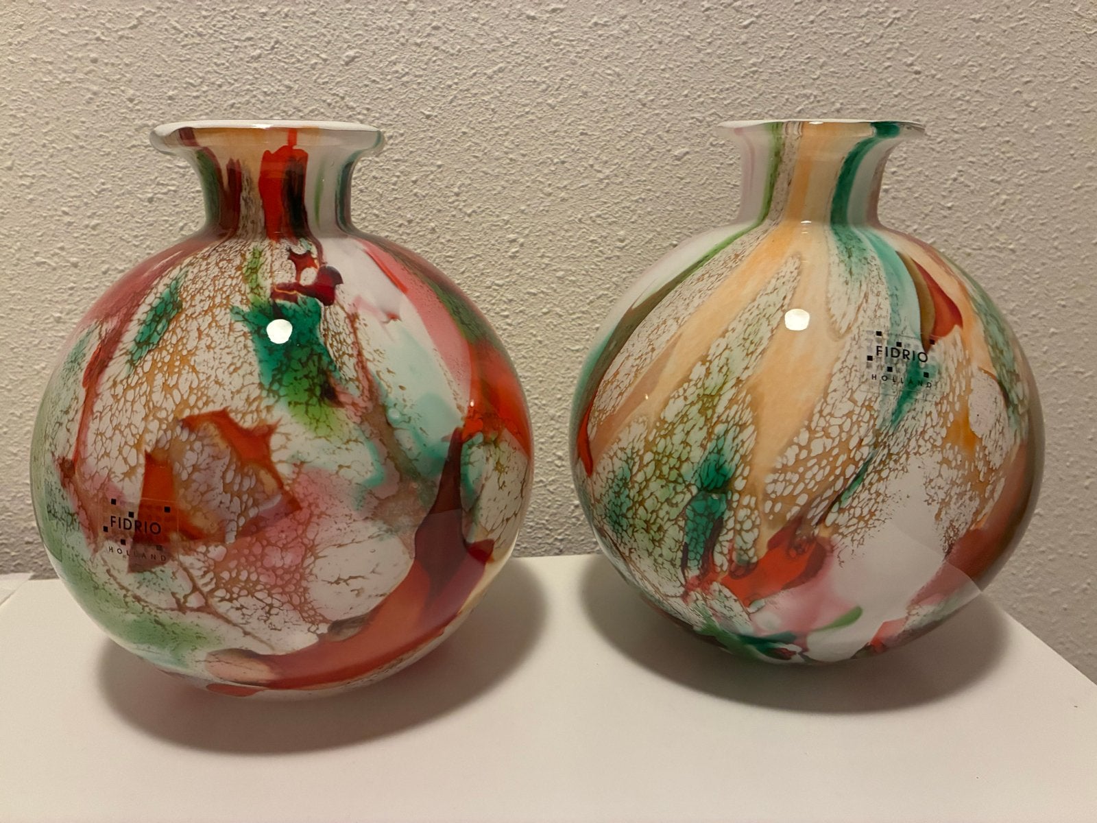 Set van 2 Fidrio Holland glazen vazen, handgemaakt, 20 cm, Huis en Inrichting, Handgemaakt, Meerkleurig, Ophalen of Verzenden