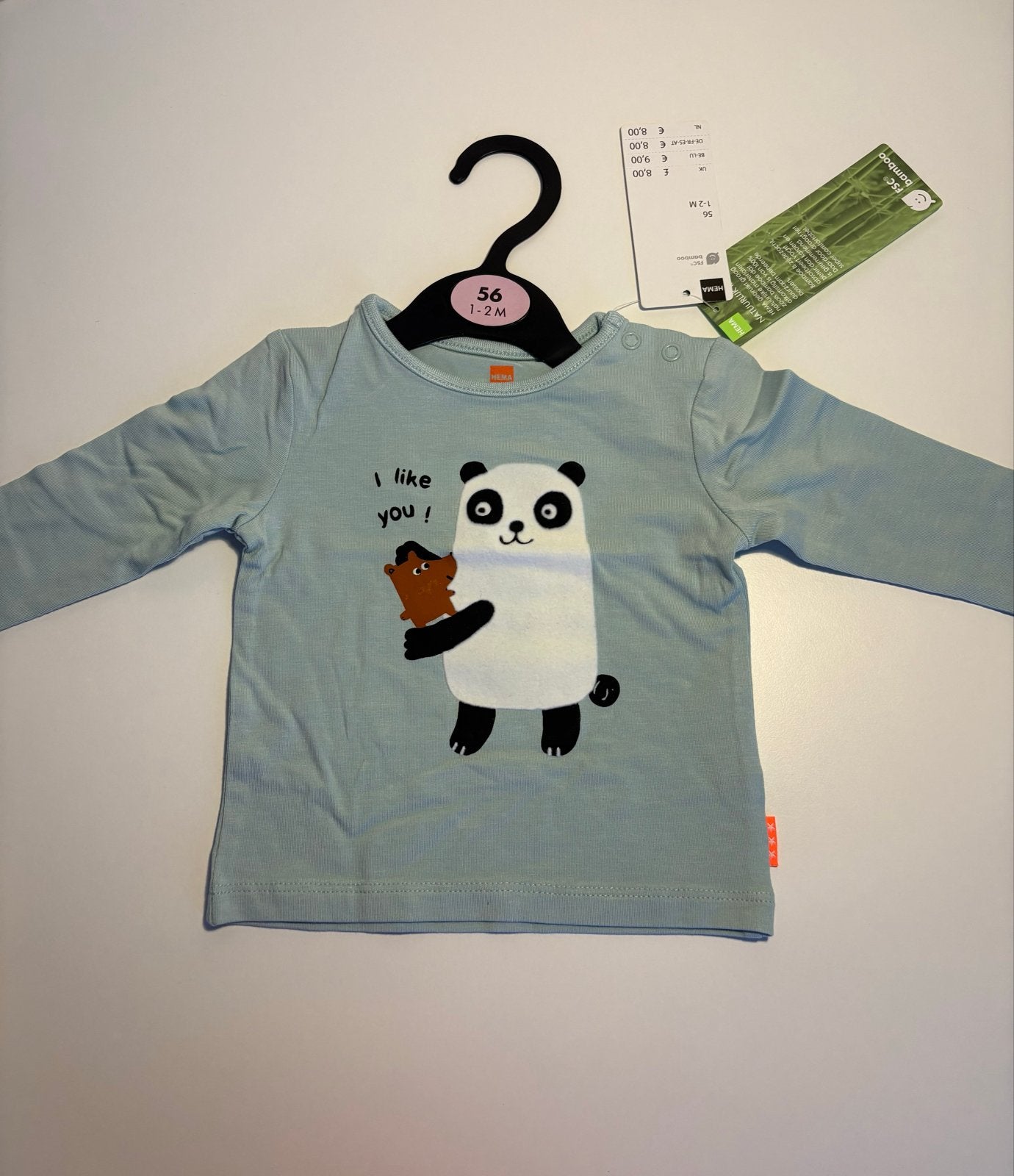 Nieuw HEMA shirtje maat 56 met panda en 'I like you!', Ophalen of Verzenden, Nieuw, Jongetje of Meisje, Shirtje of Longsleeve