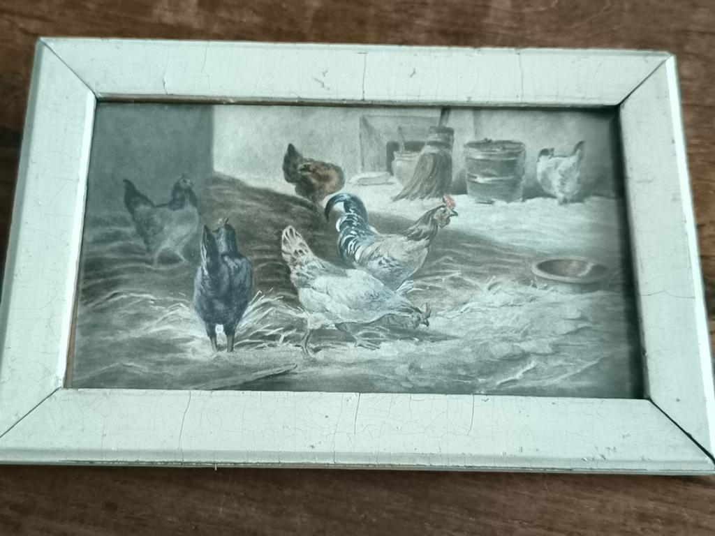 Antiek aquarel kippen in houten lijst Brocante, Ophalen of Verzenden