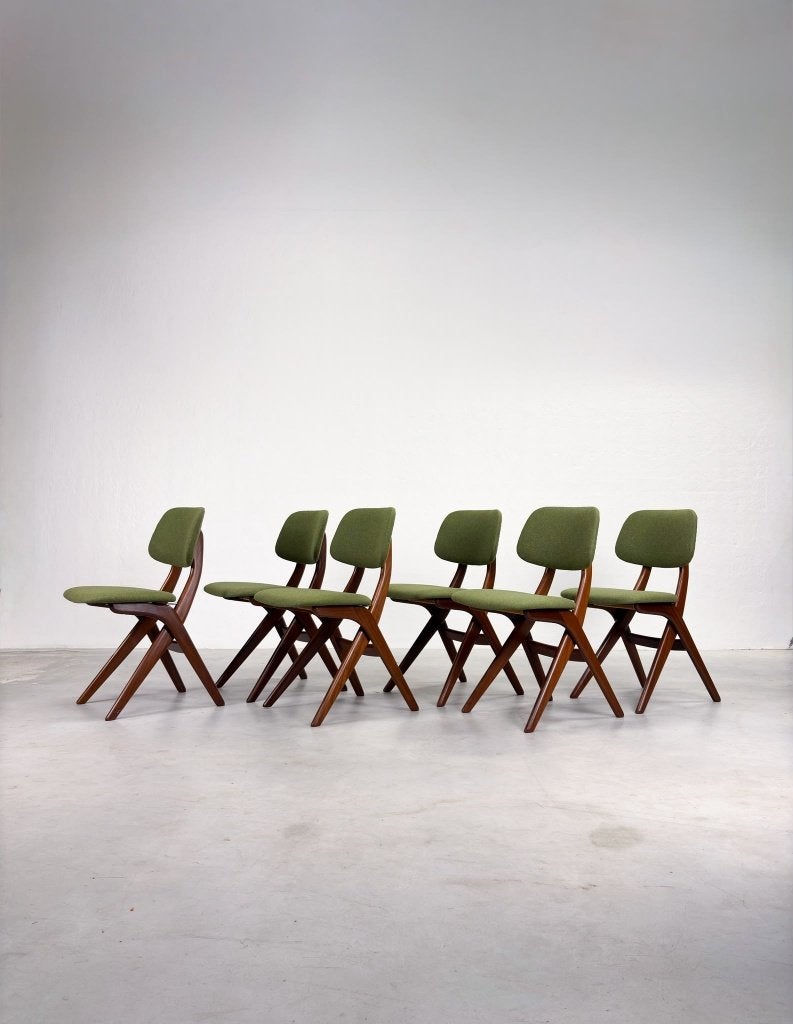 Set 'Scissor' Eetkamerstoelen van Louis van Teeffelen, Ophalen, Hout, Dutch design, Deens, Scandinavisch, Mid-century, Overige kleuren