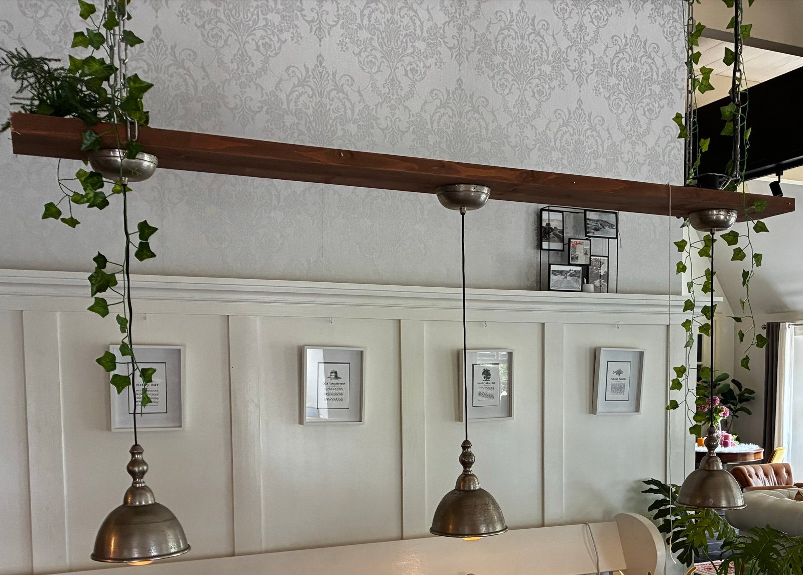 Unieke hanglamp met 3 metalen kapjes, Huis en Inrichting, Ophalen, Zo goed als nieuw, Hout, E27 (groot)