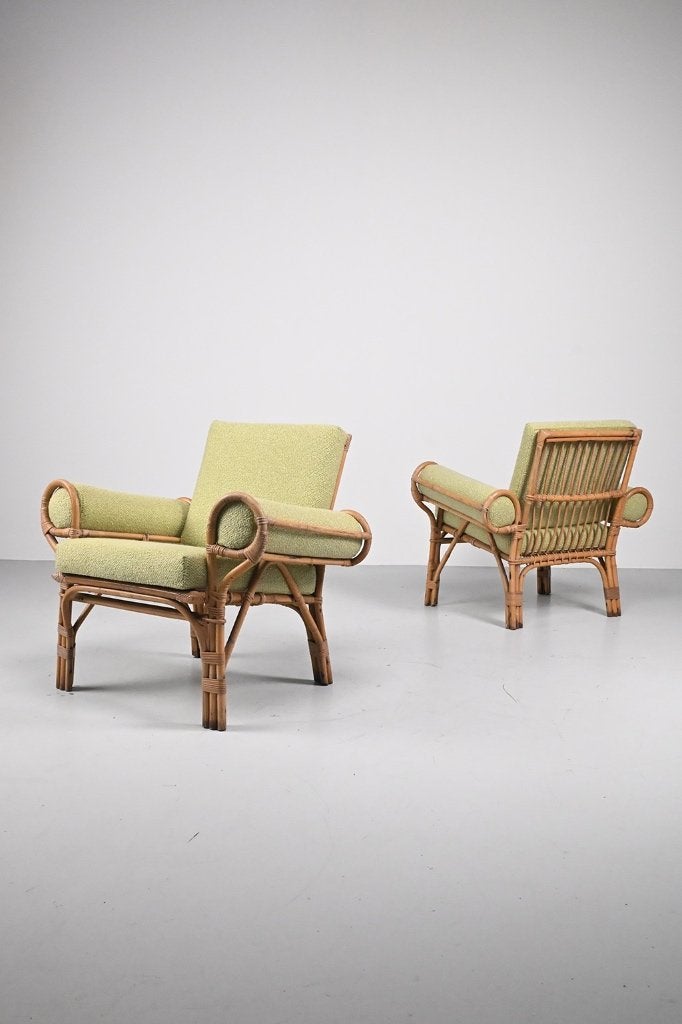 2 Zeldzame mid century fauteuils in bamboe, refurbished, Vintage design, Minder dan 75 cm, Zo goed als nieuw, 75 tot 100 cm