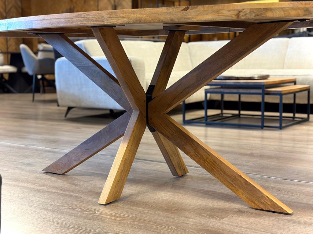 Mango tafel met houten poot - ovaal 200cm & rond 120 of 150, Ophalen, 100 tot 150 cm, Vijf personen of meer, Ovaal