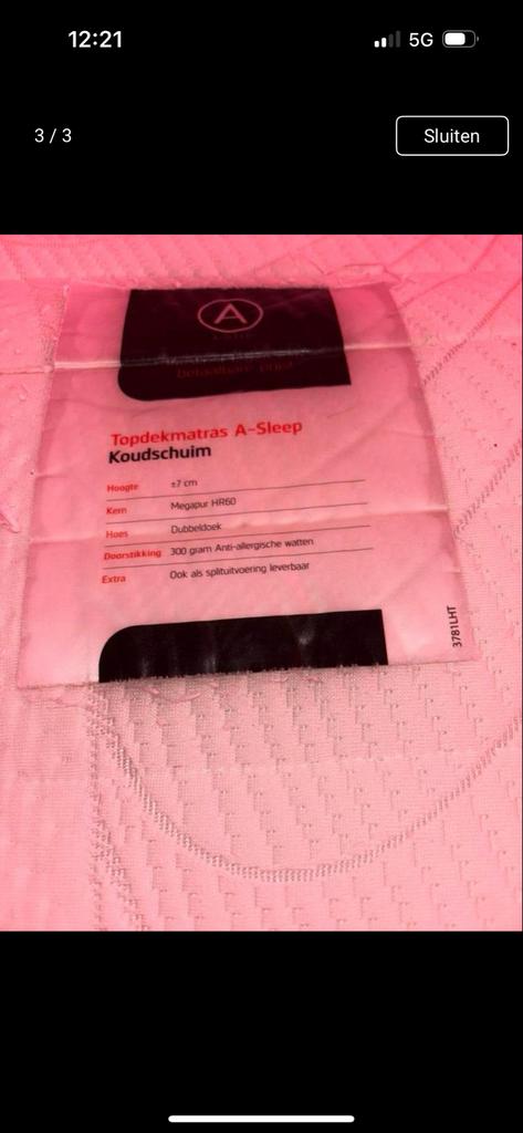 Topdekmatras A-Sleep Koudschuim, Ophalen, Gebruikt, 90 cm, Eenpersoons
