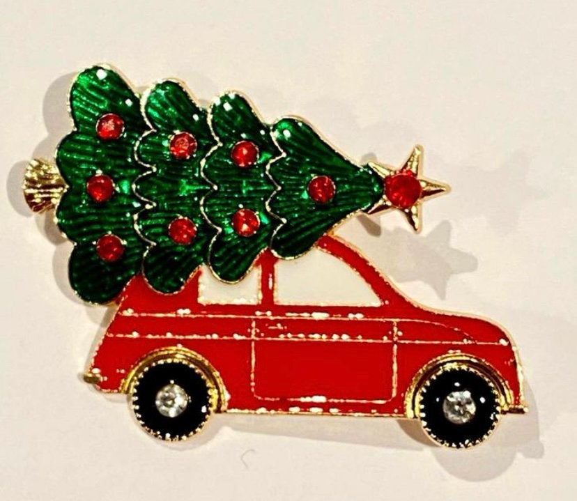 Auto met boom Kerstbroche broche kerst, Ophalen of Verzenden, Nieuw, Zilver, Overige materialen