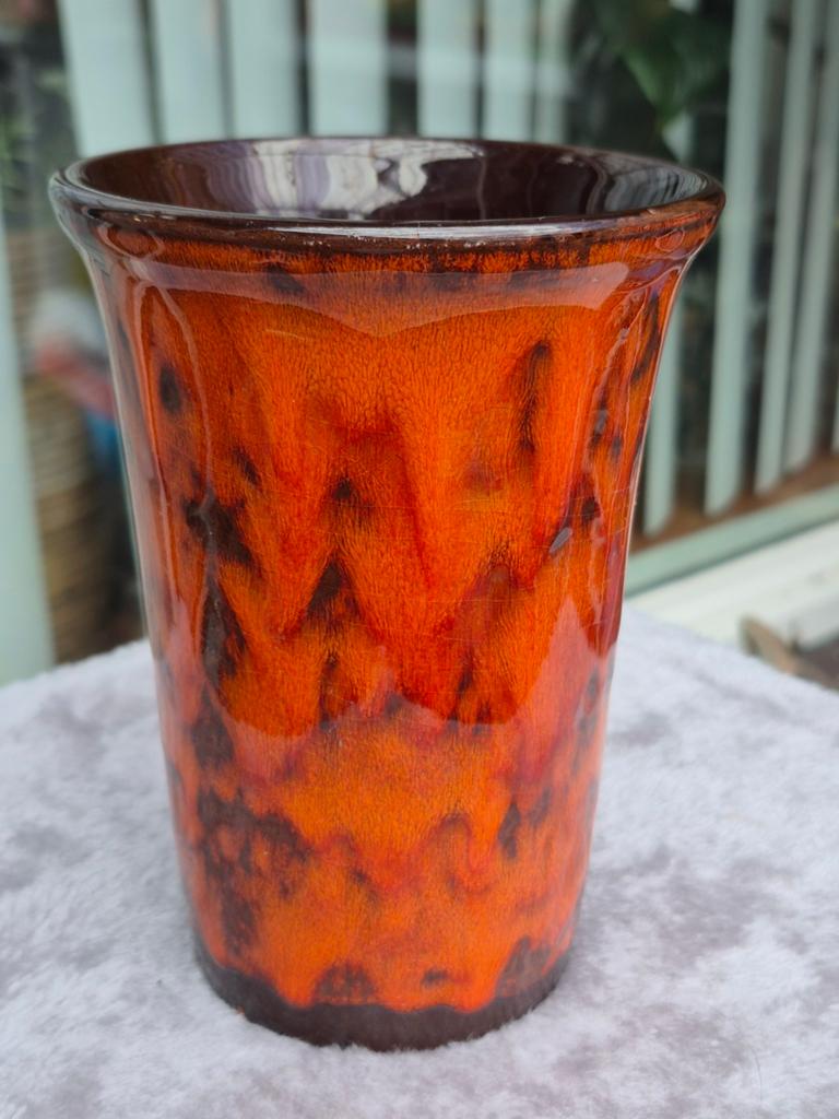 Vintage Fat Lava Vaas Oranje/Bruin - West Germany Pottery, Ophalen of Verzenden