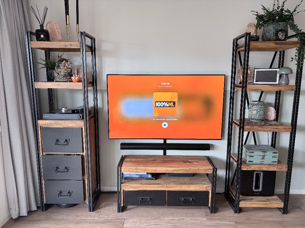 TV Meubels + Kasten (mangohout), Gebruikt, Mangohout, TV meubel, boekenkast, 50 tot 100 cm, 150 tot 200 cm