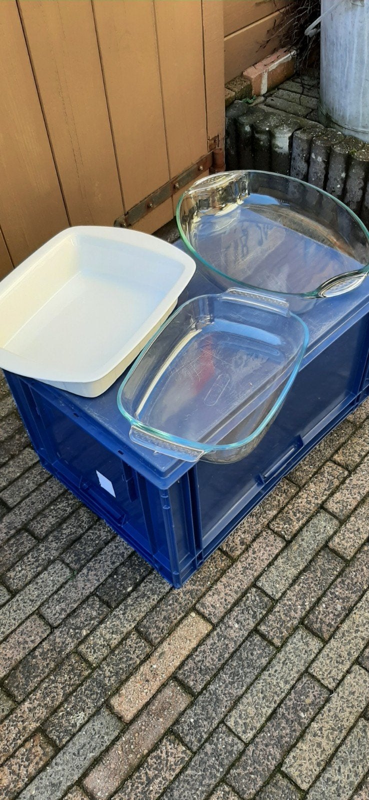 Set van 3 ovenschalen: 2x glas, 1x keramiek, Huis en Inrichting, Ophalen of Verzenden, Wit, Overige merken, Glas