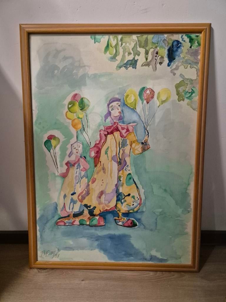 Schilderij: Clowns met ballonnen (aquarel), Ophalen of Verzenden