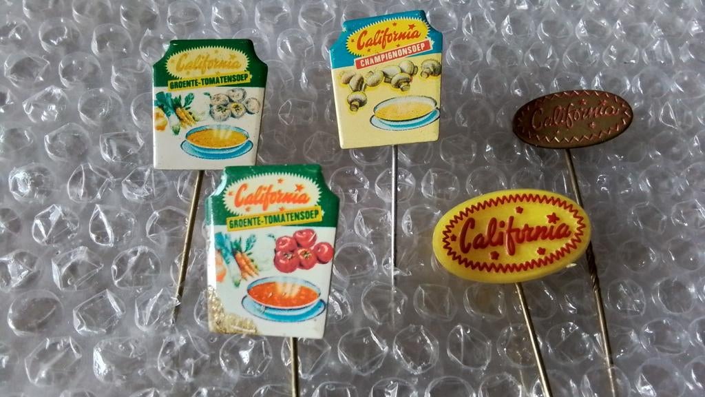 5 verschillende speldjes california soepen, Verzamelen, Ophalen of Verzenden