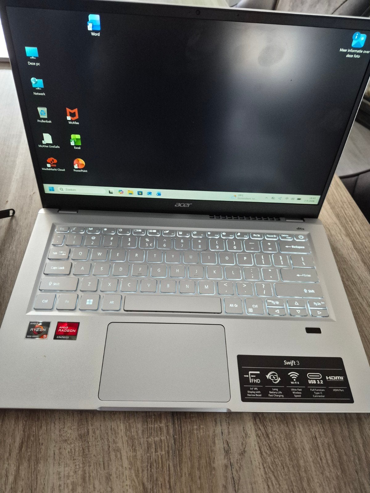 Acer Swift 3 Laptop - AMD Ryzen 5, 8GB RAM, 512GB SSD, Ophalen, Met videokaart, 2 tot 3 Ghz, Qwerty
