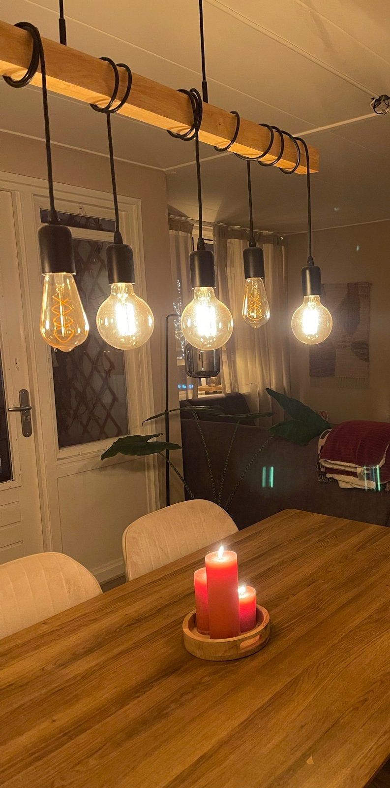 Hanglamp met houten balk, Ophalen, Zo goed als nieuw, Hout, 75 cm of meer