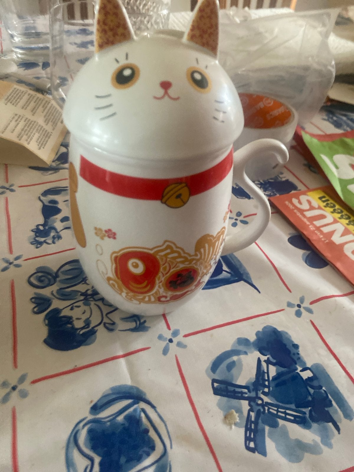 Leuke Maneki Neko Kat Mok met Deksel en Oortjes, Overige typen, Ophalen of Verzenden, Zo goed als nieuw, Steen/keramiek