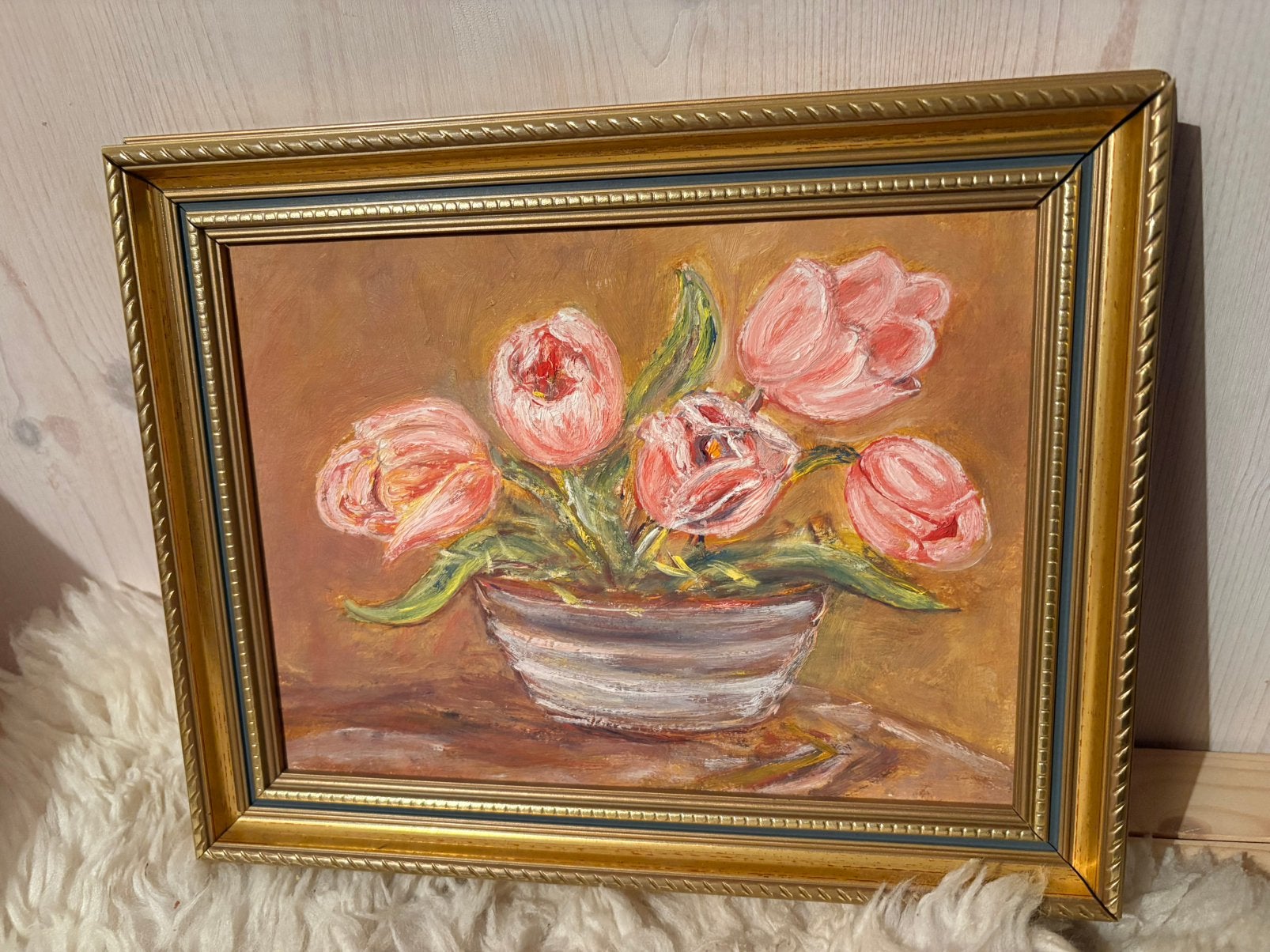 Superleuk schilderijtje met roze tulpen ingelijst vintage, Ophalen of Verzenden