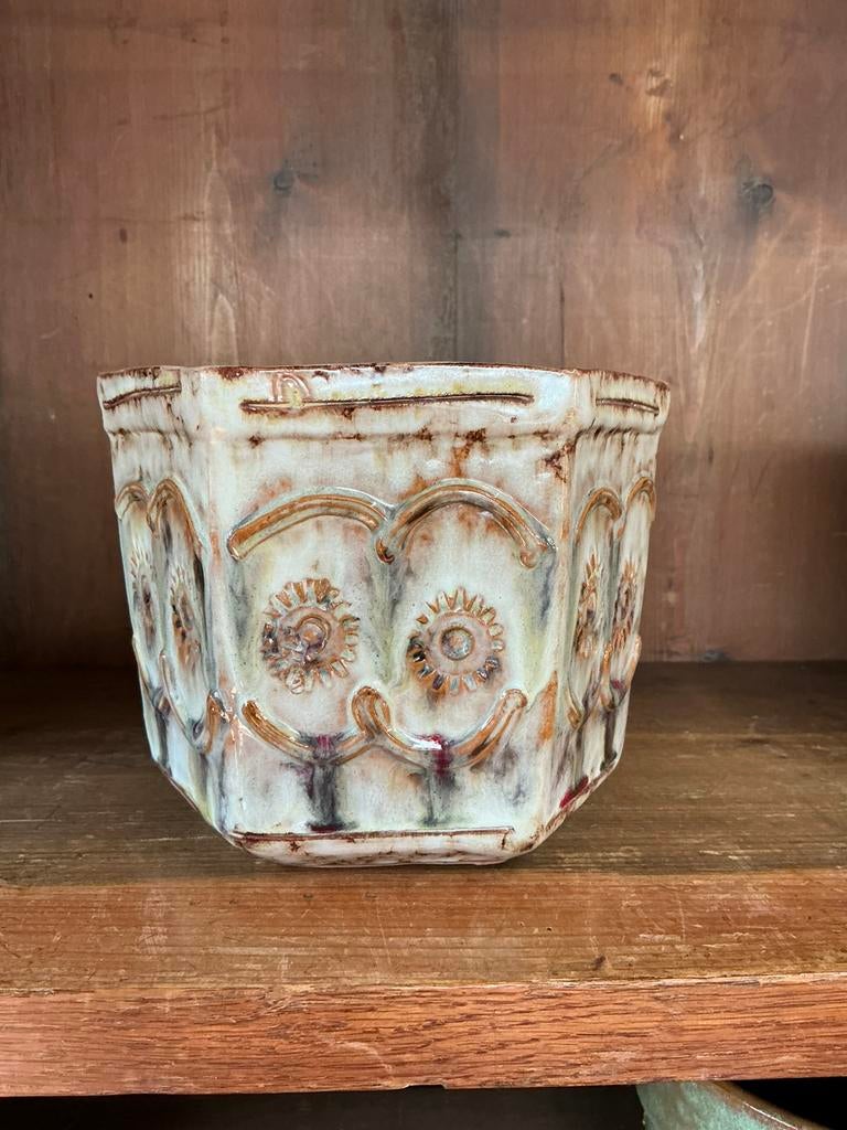 Vintage bloempot,6 kant ,geglazuurd, Antiek en Kunst, Ophalen of Verzenden