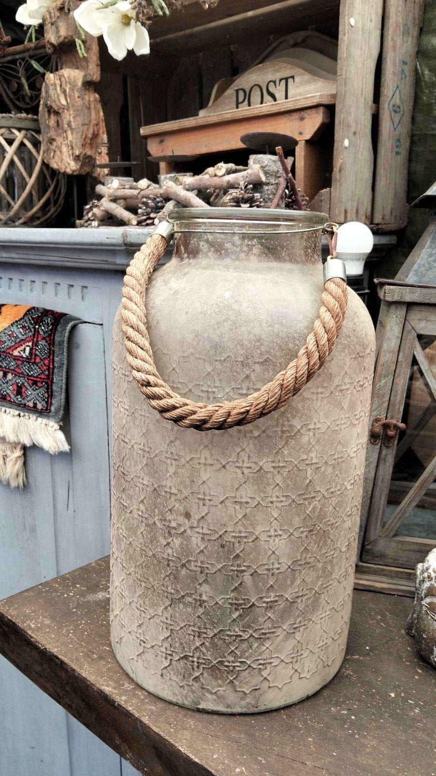 Brocante grote windlicht goudkleurig, Ophalen of Verzenden