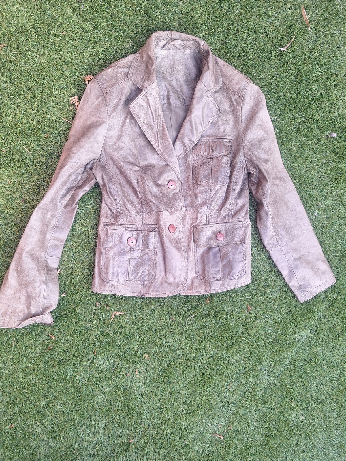 Vintage leren olijfgroen jasje - Maat M, Maat 38/40 (M), Ophalen of Verzenden, Onbekend, Grijs