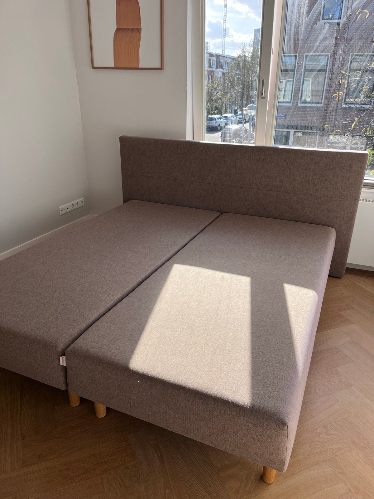 Tweepersoons boxspring Ubica 180x200cm met hoofdbord, Huis en Inrichting, Ophalen, Gebruikt, Bruin, Tweepersoons