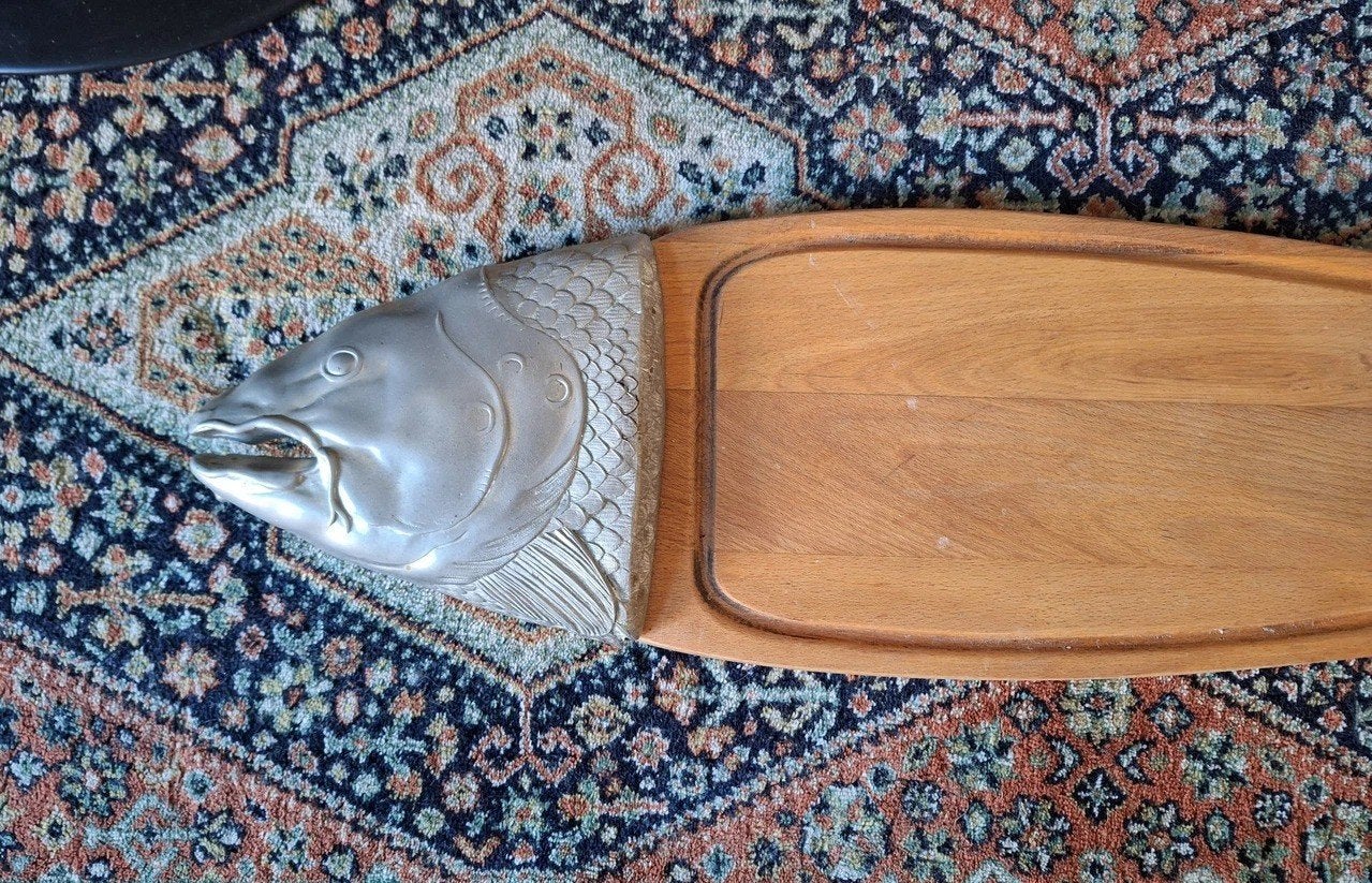 3 stuks Vintage houten plank snijplank met metalen vis kip, Ophalen of Verzenden