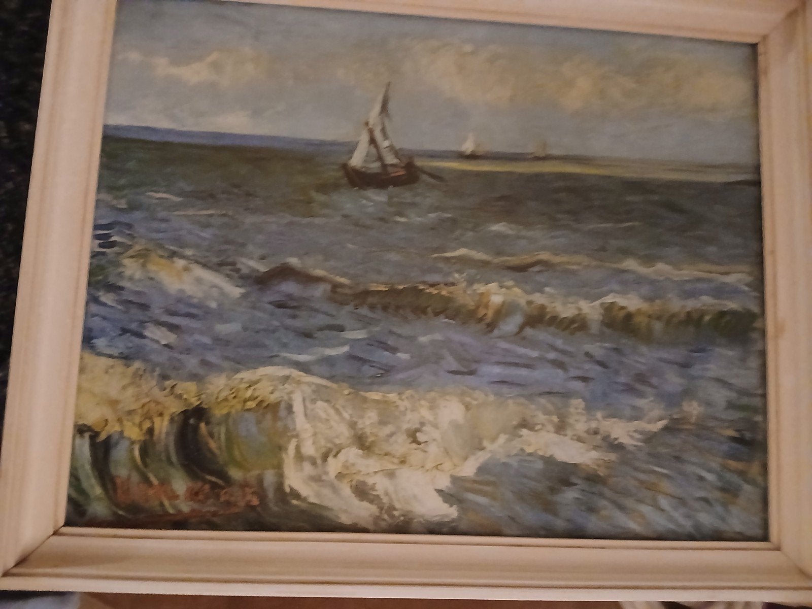 Maritiem  vincent van gogh repro met zeilboot en golven, ing, Antiek en Kunst, Ophalen of Verzenden