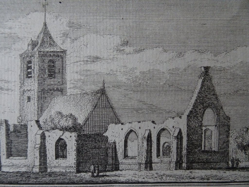 gravure met tekst kerk te Oegstgeest, Rademaker, 18e eeuw, Ophalen of Verzenden, Origineel