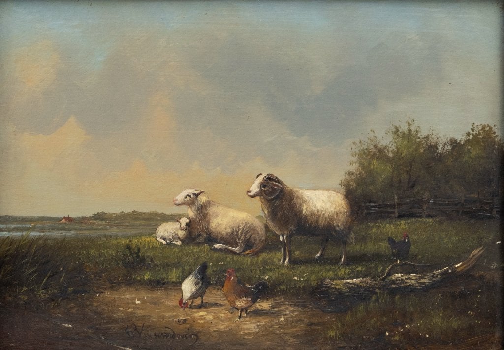 Frans van Severdonck - landschap met schapen en kippen, Ophalen of Verzenden, Klassiek, Origineel werk, Landschap